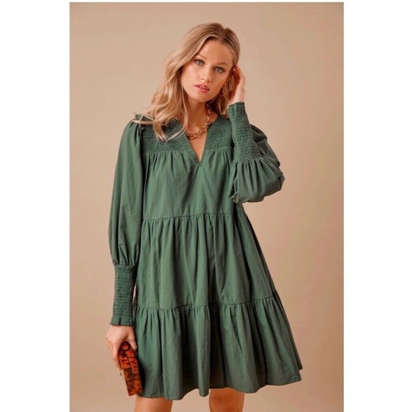 Tuckernuck Pomander Place Smocked Dress Womens Size XS Tiered Long Sleeve Green - Picture 3 of 14